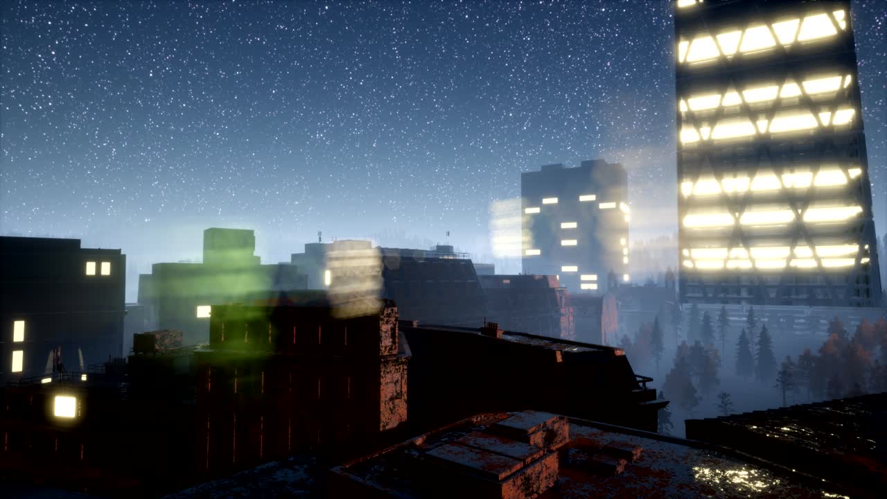 밤에는 은하계의 별들과 함께 도시의 마천루