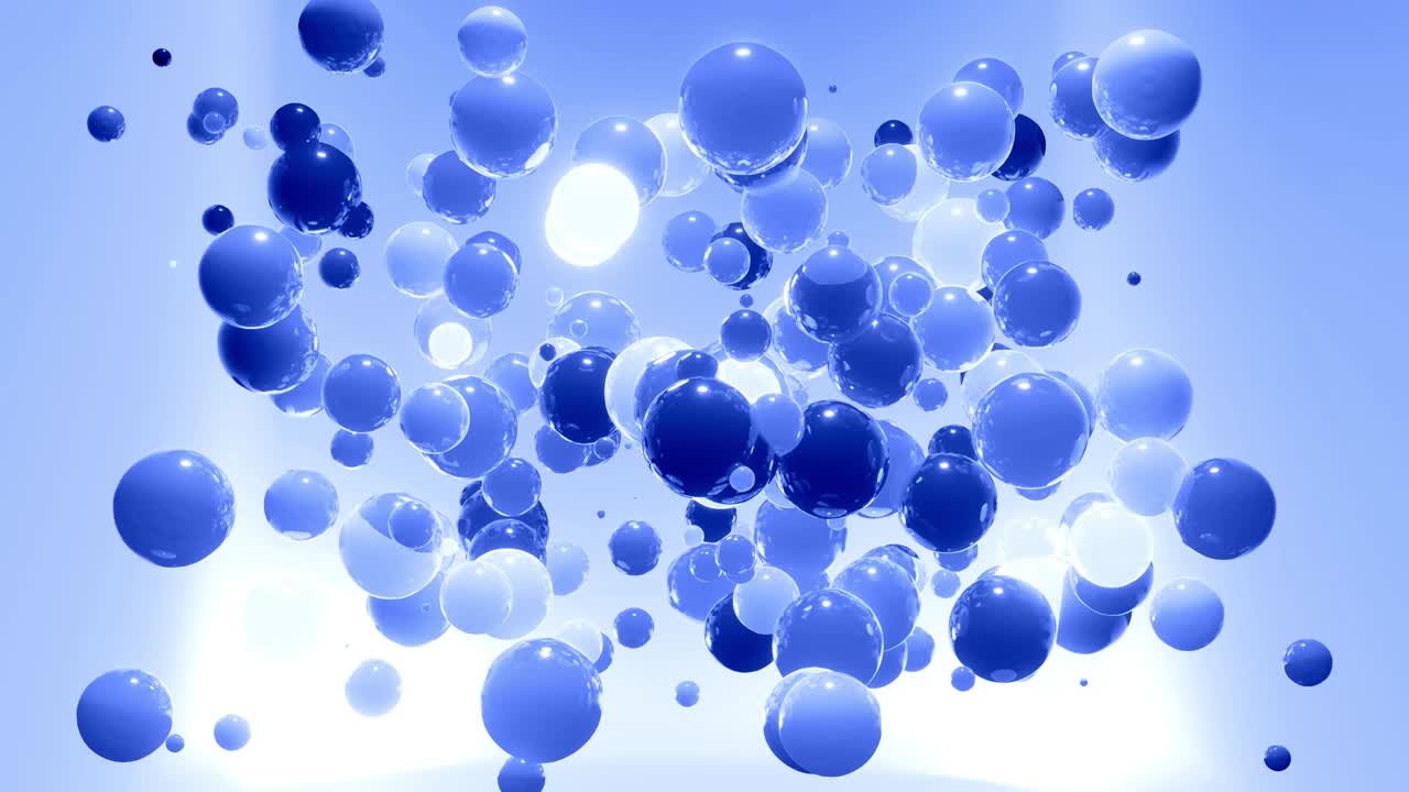 푸른 색조의 구의 추상적인 4k 배경, led와 같은 공이 공중에 매달려 있고 밝고 세련된 배경으로 꺼집니다.