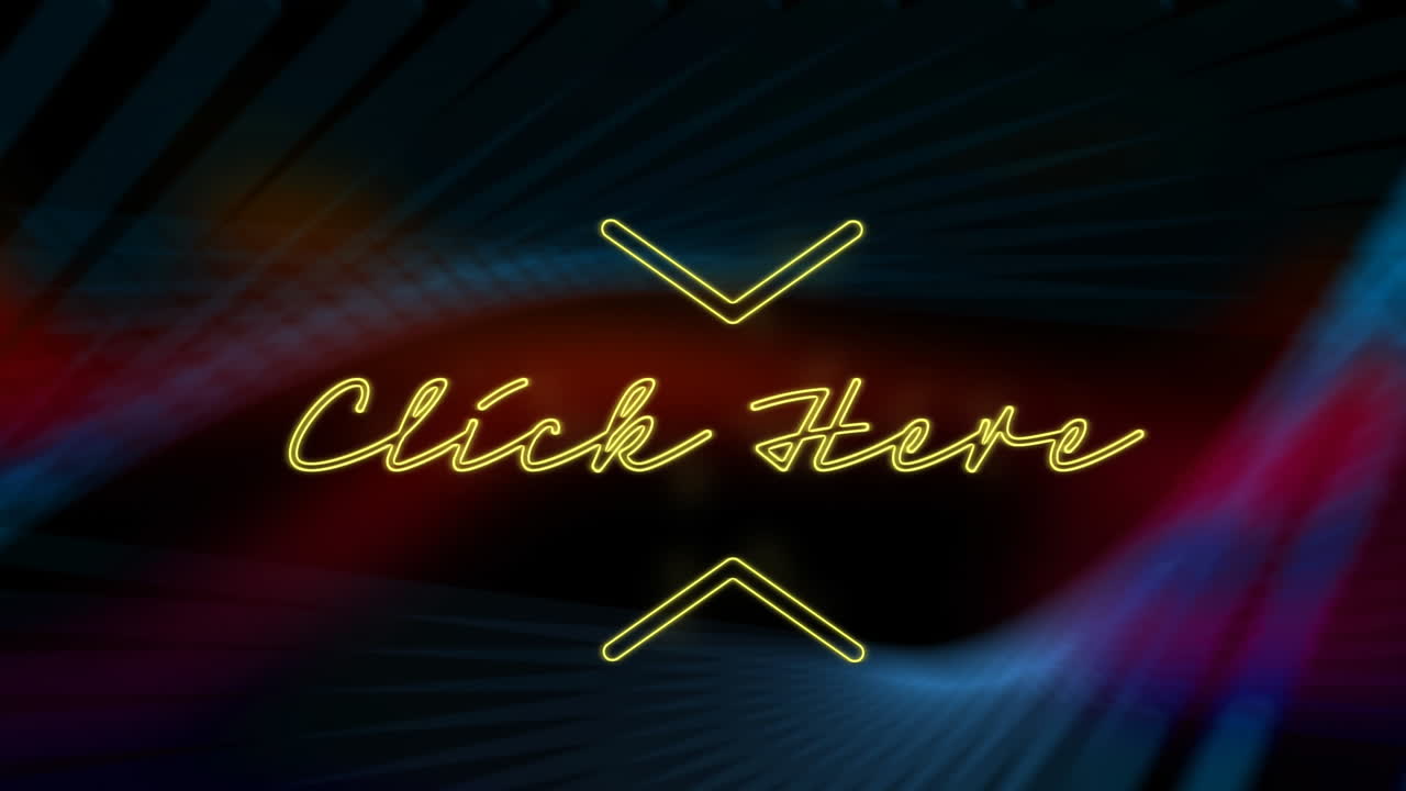 Animation of yellow neon style words Click Here flickering on black and red background