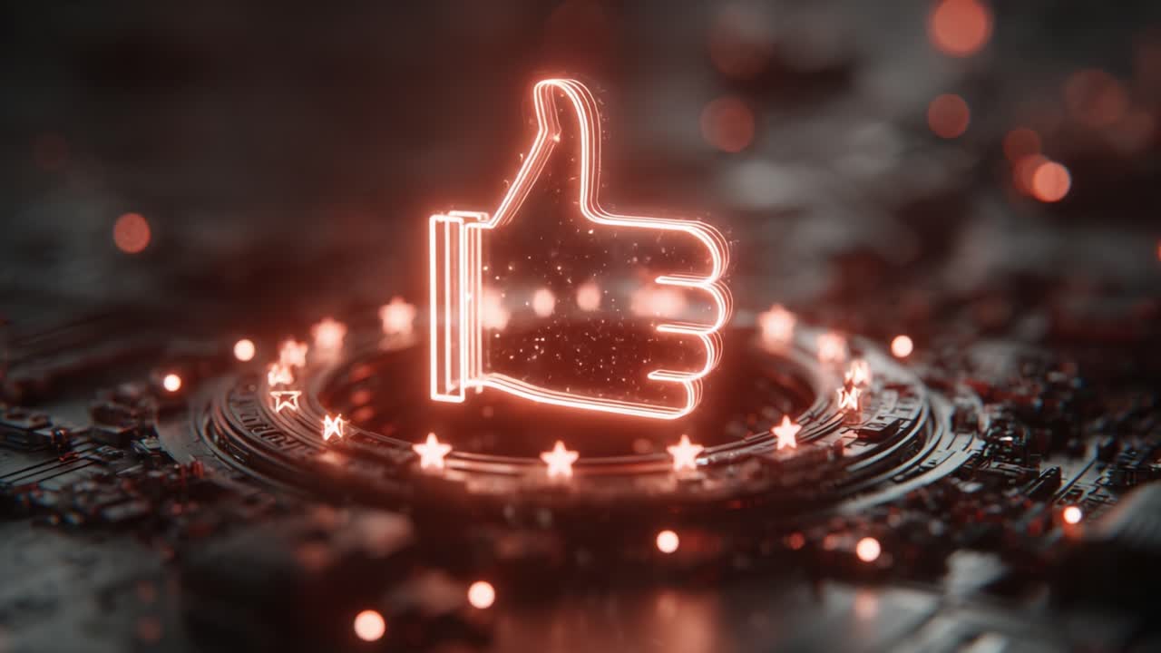 A Striking Representation of Digital Approval with an Engaging Neon-Like Thumbs-Up Symbol Enhanced by Radiant Stars and Circuitry Background