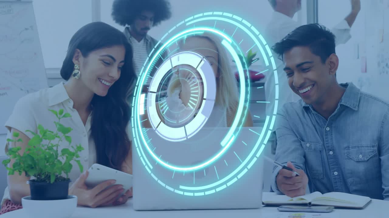 Smiling and reviewing tablet, team welcoming teammate taking notes while interface overlay spinning