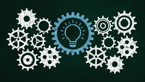 business gear mechanism concept on chalkboard. blue light bulb icon.