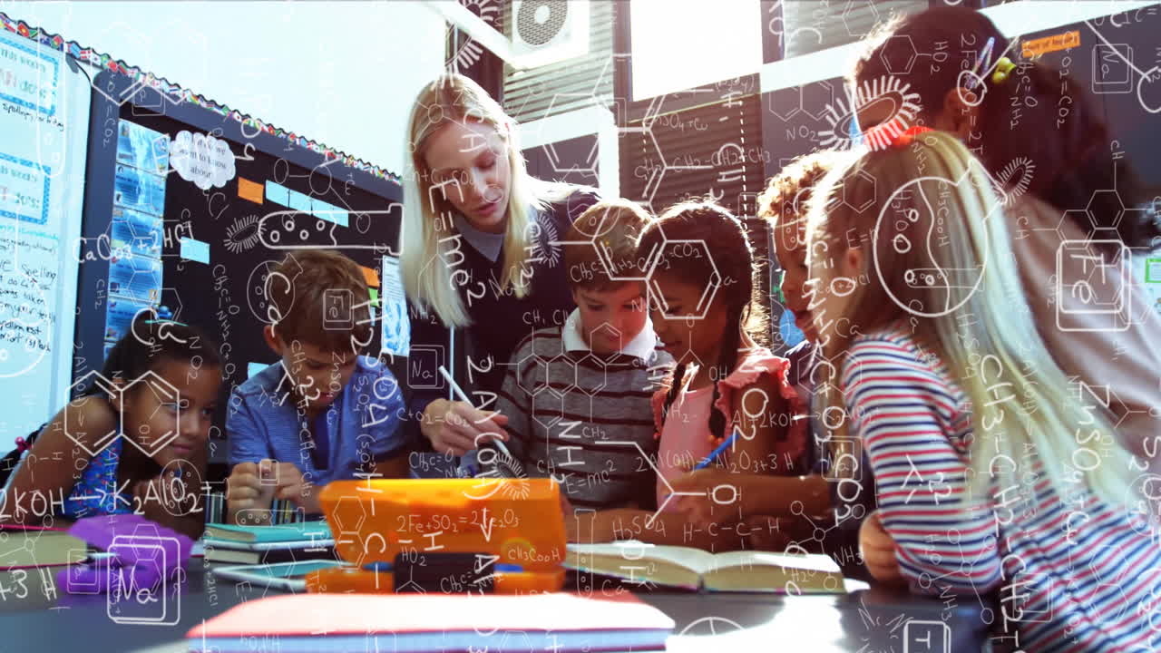 수학 방정식을 공부하는 교사와 아이들은 애니메이션으로 교실에서