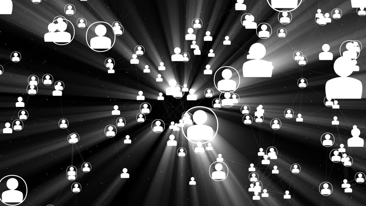 conexión de iconos humanos en fondo negro con efecto de luz.