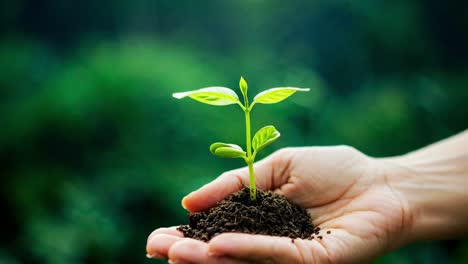 embracing growth through nurturing a young plant in hands under soft sunlight in a lush green environment
