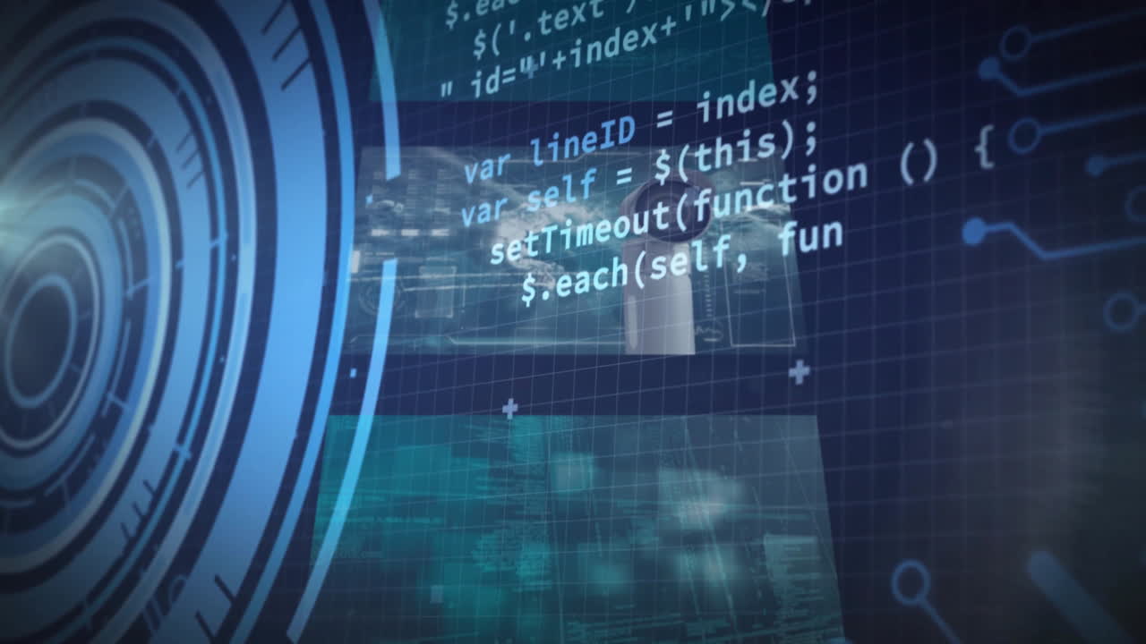 Digital screens showing animation of data and graphs with futuristic blue interface
