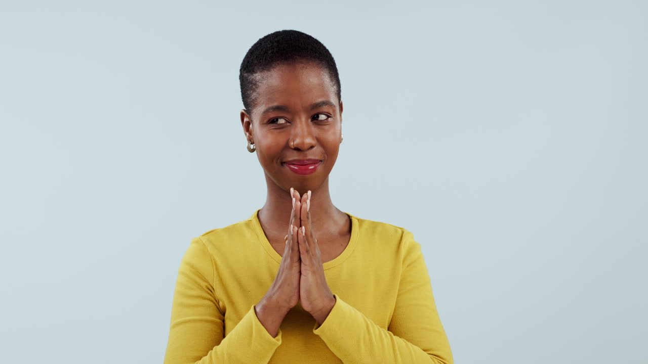 Thinking, planning and evil scheme of happy woman