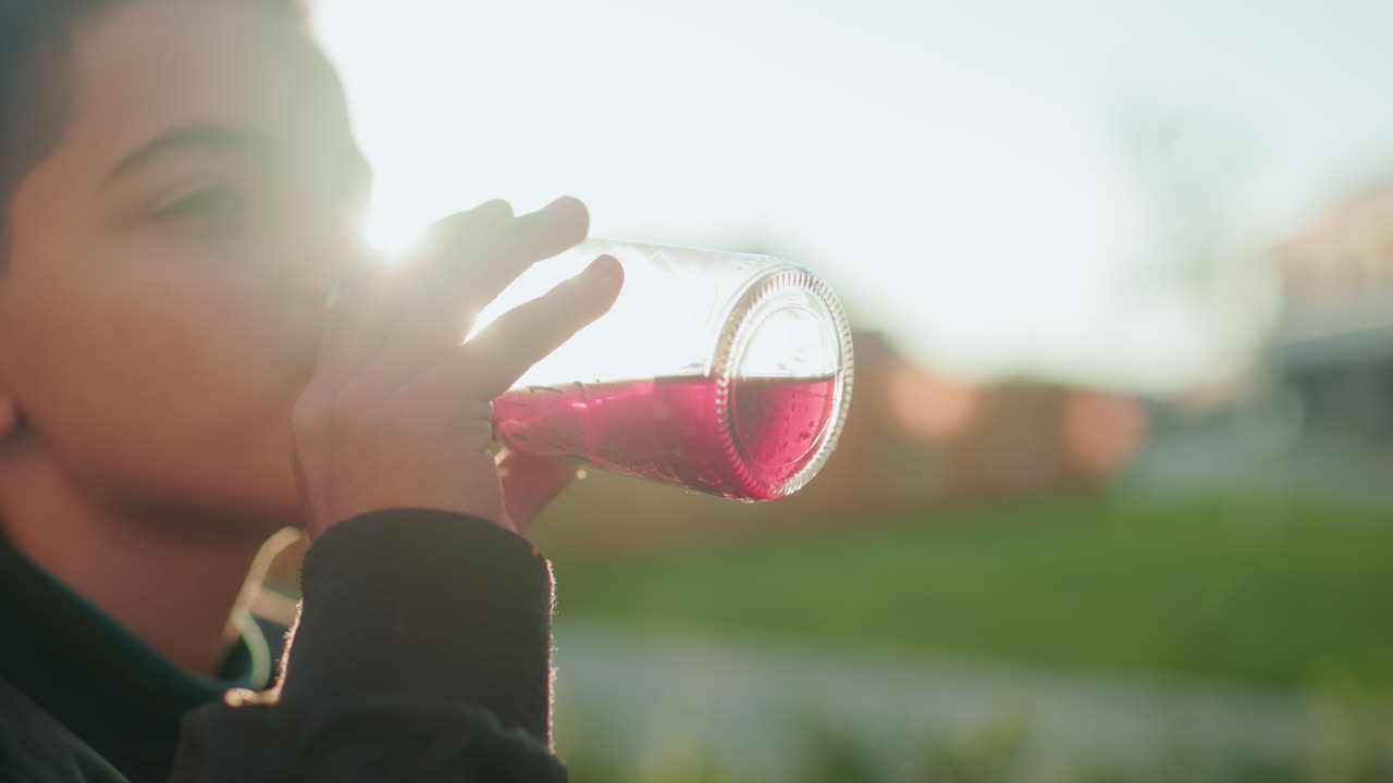 Close up side view of kid drinking grape juice from glass bottle outdoors with strong sunlight illuminating around him, creating warm natural glow highlighting refreshing beverage