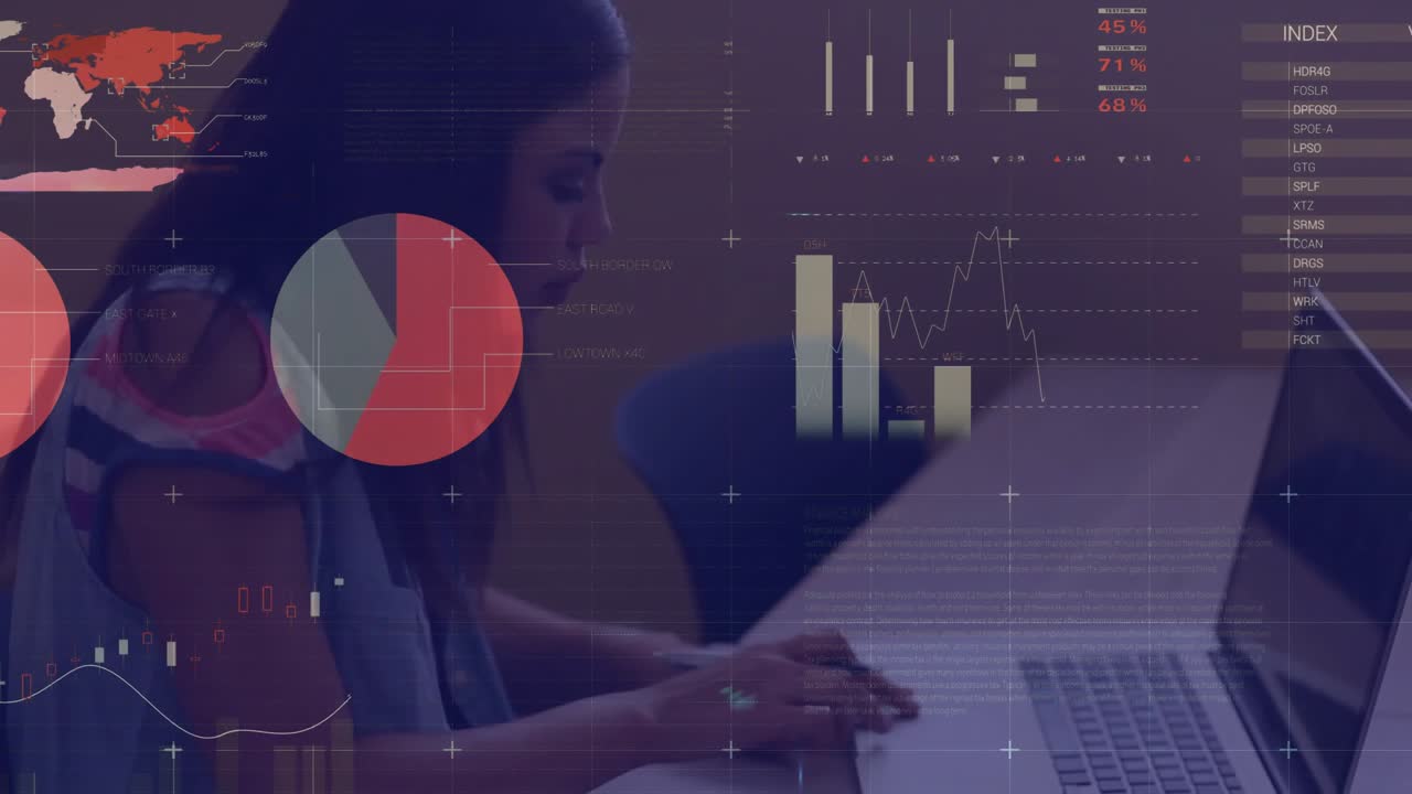 Animation of financial data processing over caucasian female student