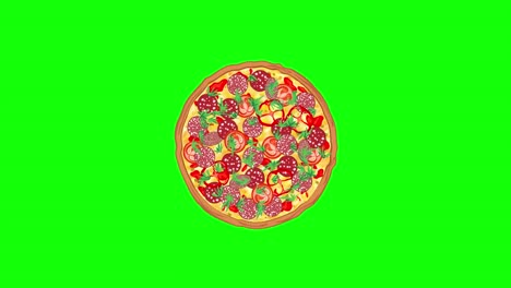 pizza with salami pieces, tomatoes, bell peppers, olives and basil. traditional italian fast food. top view meal on green screen. cartoon flat style. 4k video motion graphic animation