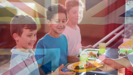 animation of flag of uk over smiling schoolboys in school canteen