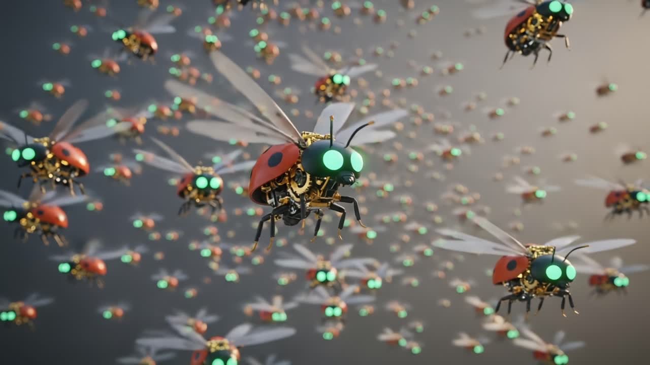 Vibrant Swarm of Futuristic Robotic Ladybugs with Glowing Eyes Taking Flight in a Dynamic Environment Full of Technology and Nature's Inspiration
