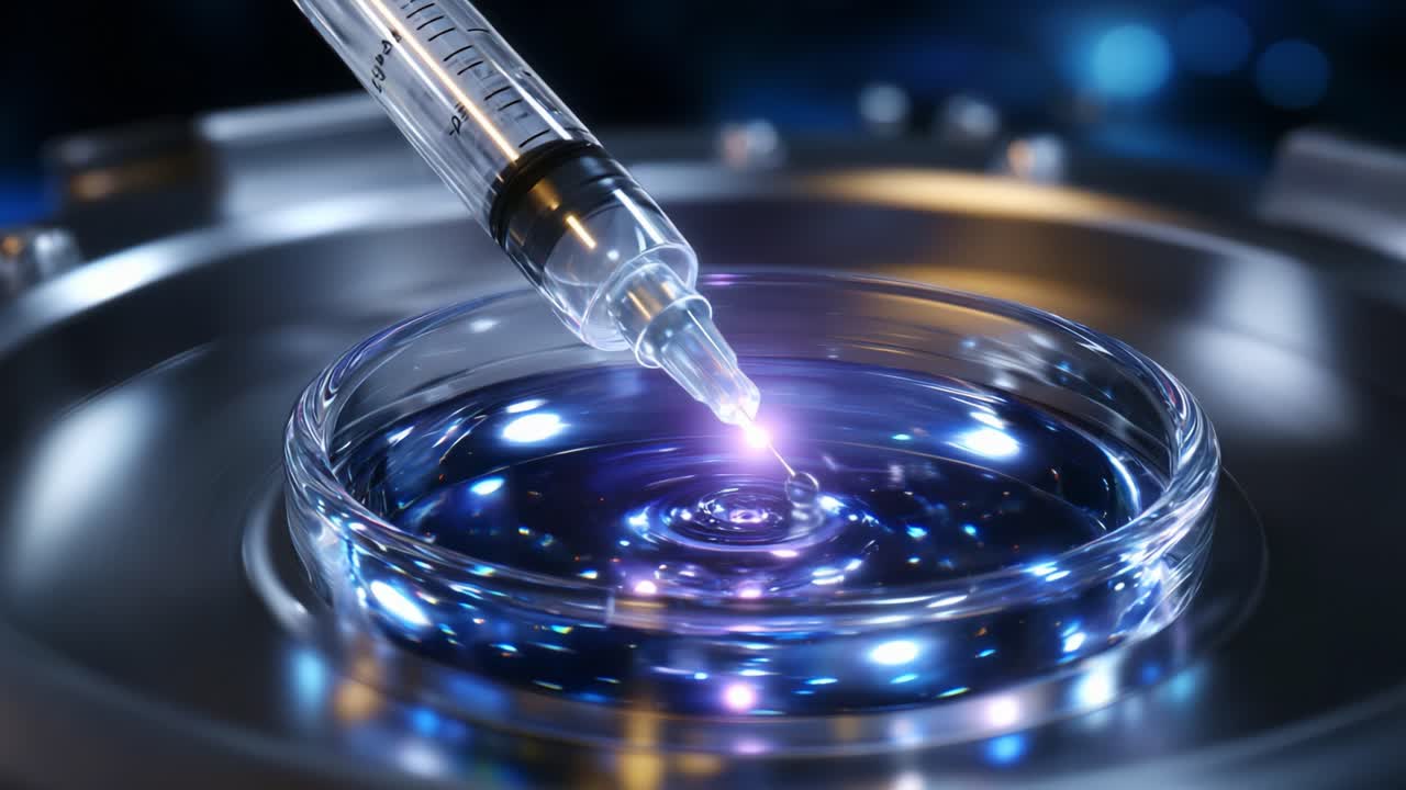 A Close-Up View of a Syringe Releasing Liquid into a Petri Dish, Capturing the Moment of Droplet Formation and Sparkling Reflections in a Colorful Laboratory Environment