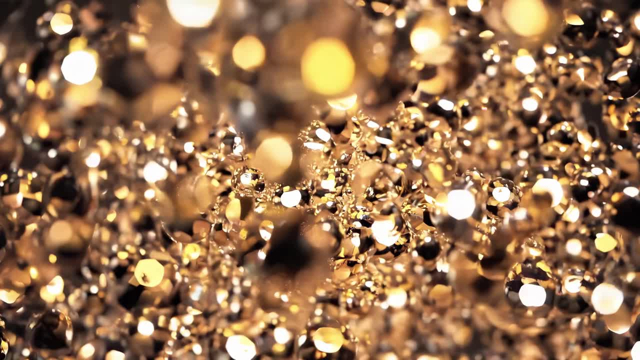 I cristalli dorati scintillano e riflettono la luce, creando un flusso visivo accattivante che mette in mostra l'incantevole interazione di riflessi e texture in una scena dinamica.