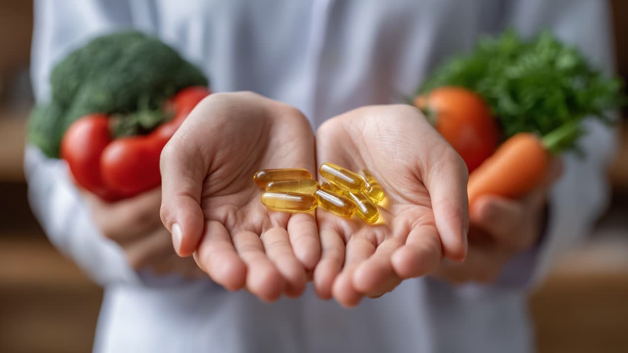 Equilibrio nutrizionale: verdure fresche e integratori alimentari nelle mani, per sottolineare l'importanza di un'alimentazione sana e dell'integrazione per un benessere ottimale