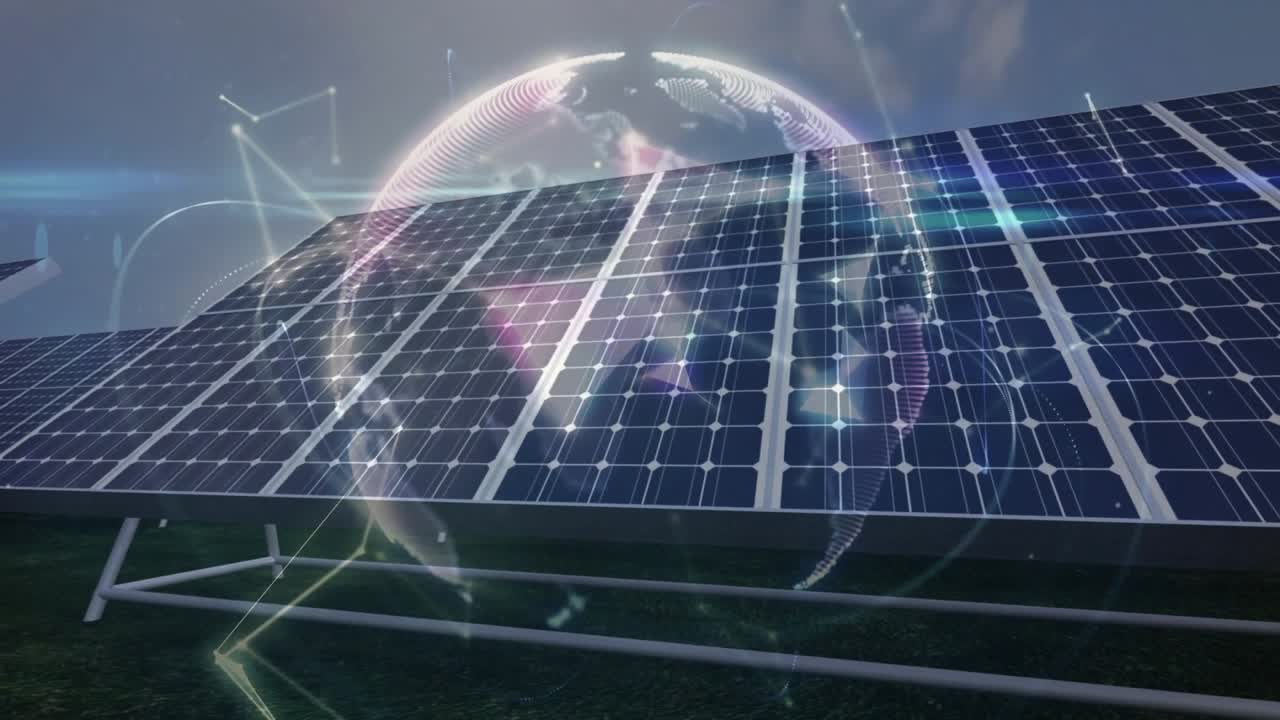 Telecamera che avanza lungo una fila, pannello solare che riempie la visuale, globo olografico e linee che mostrano il flusso di energia