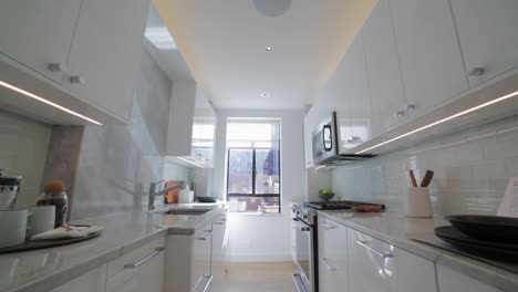 wide shot of modern sun-filled kitchen with top of the line appliances