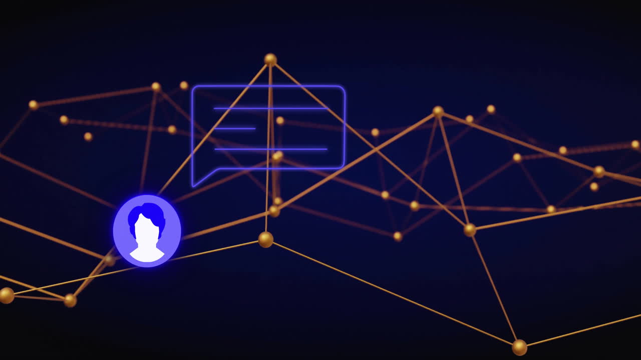 Animazione di icone multimediali e connessioni su sfondo nero.