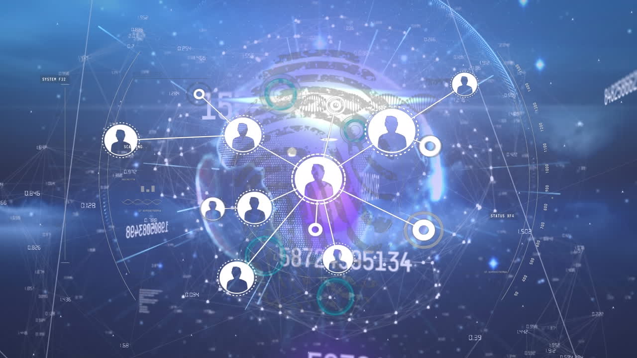 추상적인 배경에 대한 변화하는 숫자와 지구상 위에 연결된 아이콘의 애니메이션