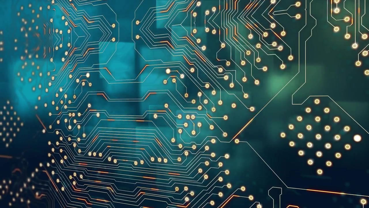 Digital animation of microprocessor connections over abstract square shapes against blue background