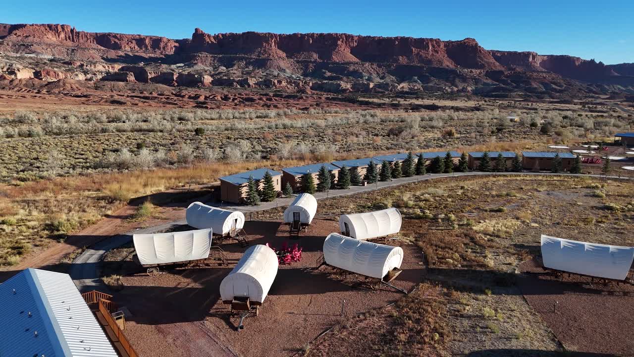 Drone Shot of Cabins and Vintage Carriages With Tents, Accomodation in Capitol Reef National Park, Utah USA