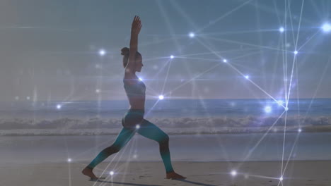 animación de redes de conexiones sobre mujer caucásica practicando yoga en la playa