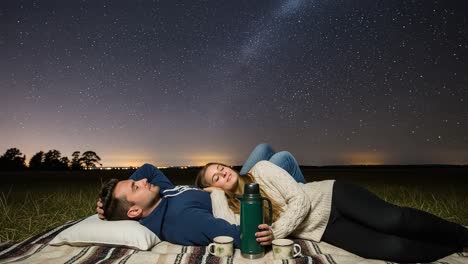 a starry night under the cosmos: a couple relaxing on a blanket with warm drinks, gazing at the beautiful night sky full of stars and galaxies