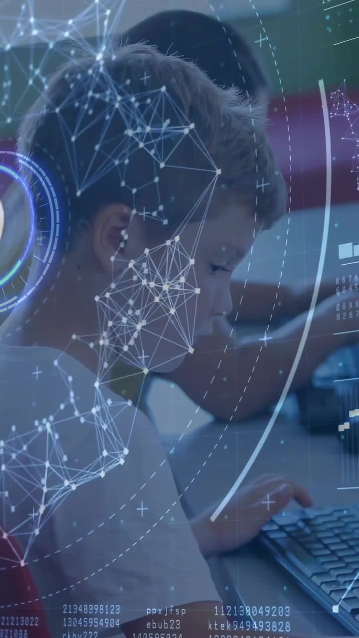 Two students typing on keyboards at education lab, animated network HUD appearing to visualize data