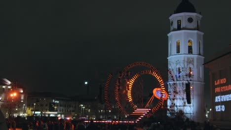 church tower in european central square with concert stage