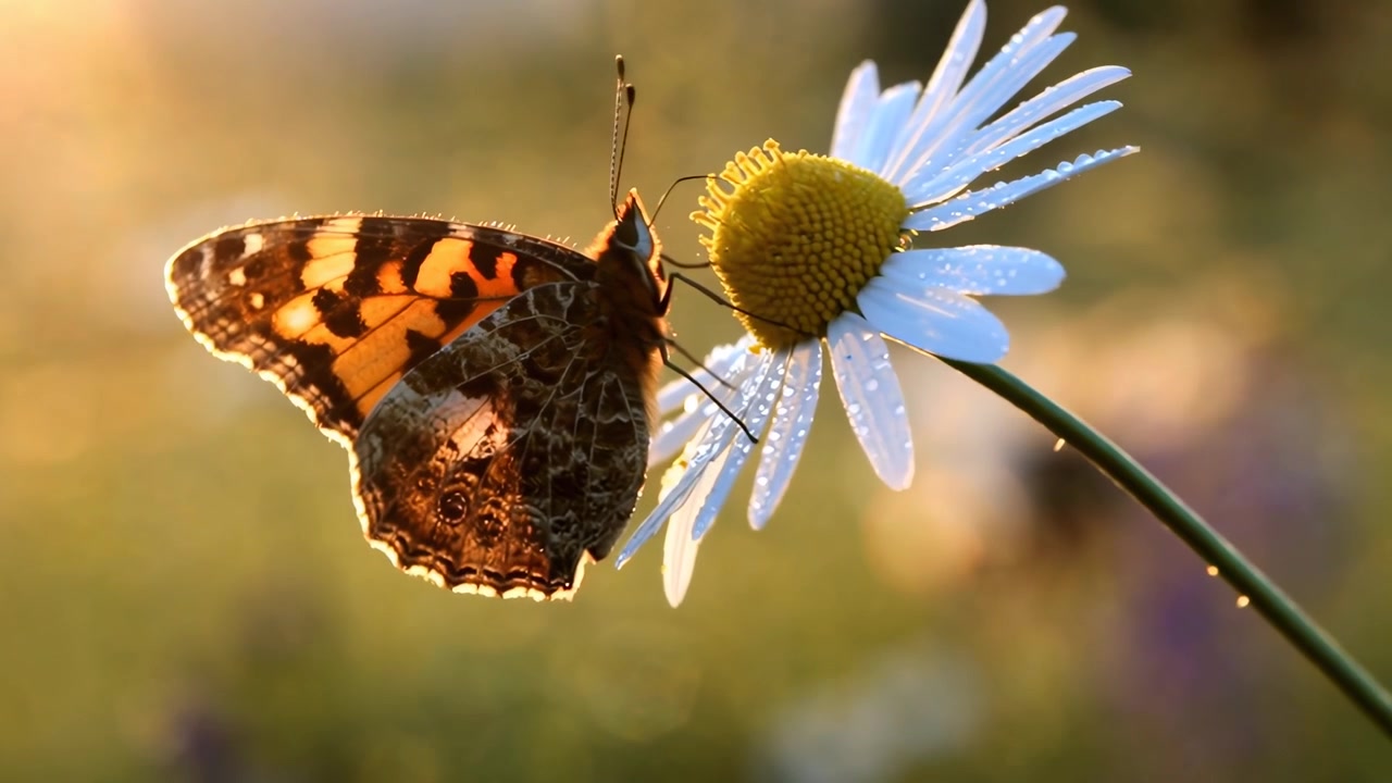 Farfalla Vanessa del cardo che riposa su una margherita al tramonto