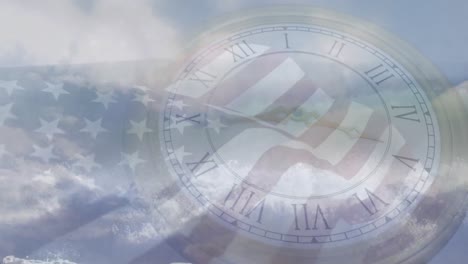 animation of clock ticking over flag of usa