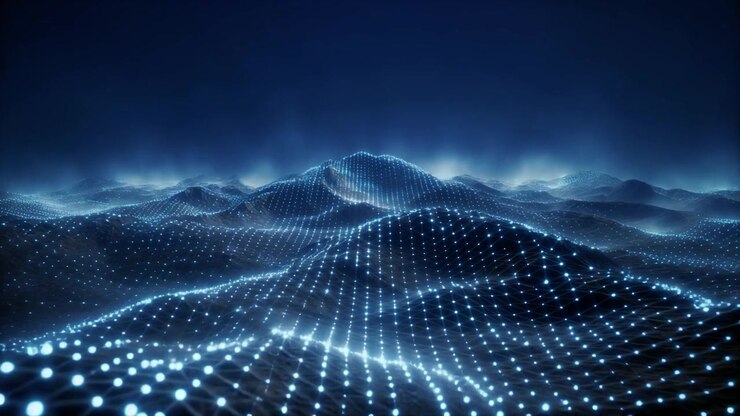Paesaggio digitale astratto con onde luminose di rete dati