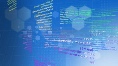 animación del procesamiento de datos y formas hexagonales contra un fondo de gradiente azul.