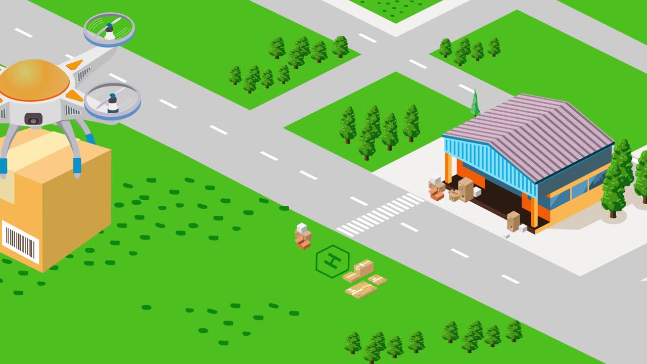 패키지와 배경에 녹색 필드가 있는 창고 외부 필드에서 이륙하는 드론