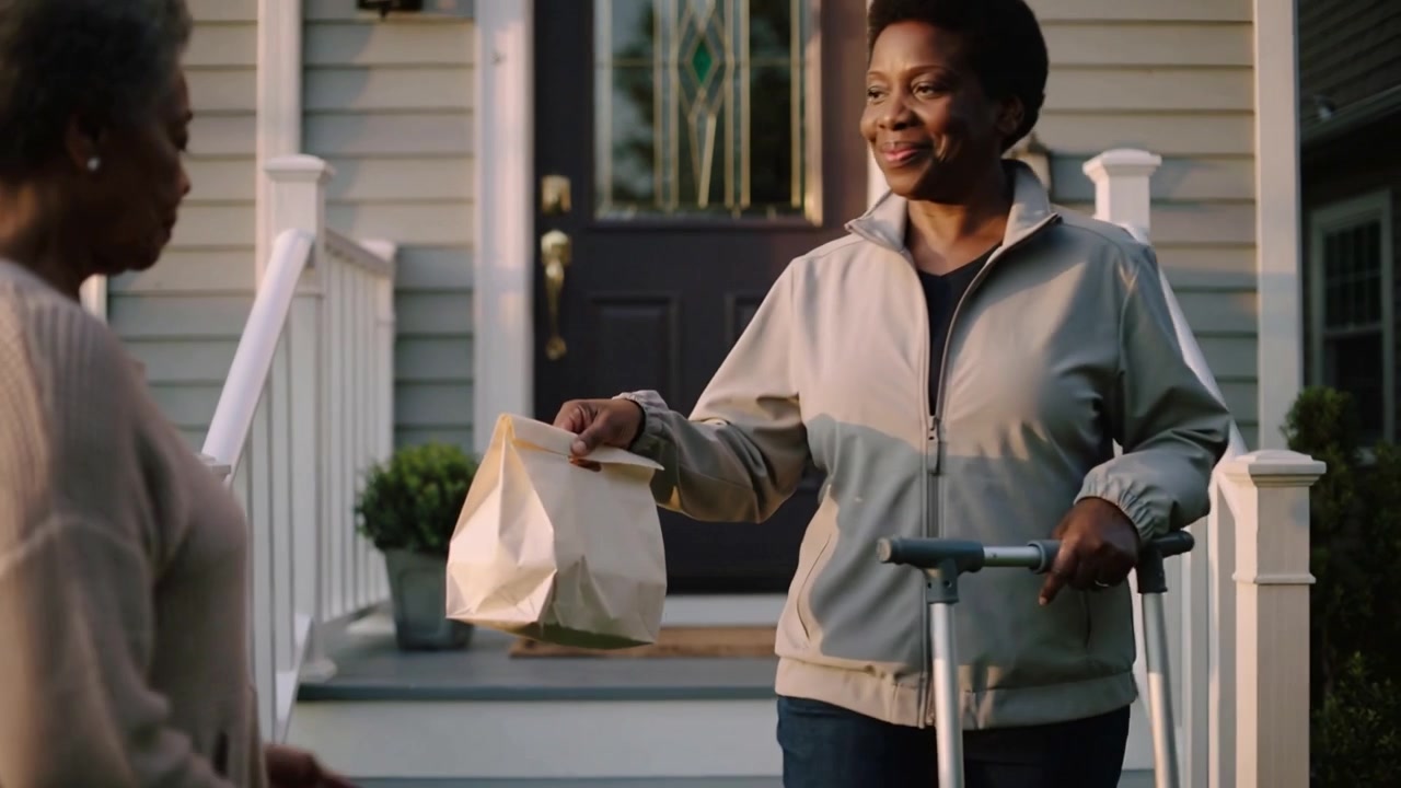 Descending porch, forearm-crutch woman in gray jacket handing brown paper bag in neighbor exchange