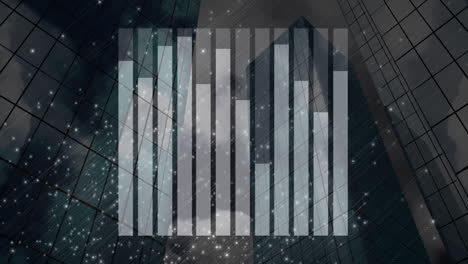 bar graph animation over skyscraper with sparkling lights in background