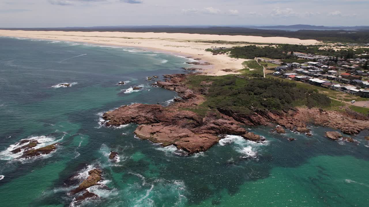 Birubi Beach With Birubi Point In Anna Bay, NSW, Australia - Aerial Shot