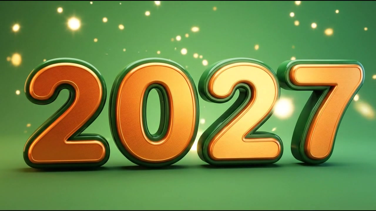 Testo 2027 renderizzato in 3D con particelle luminose su sfondo verde