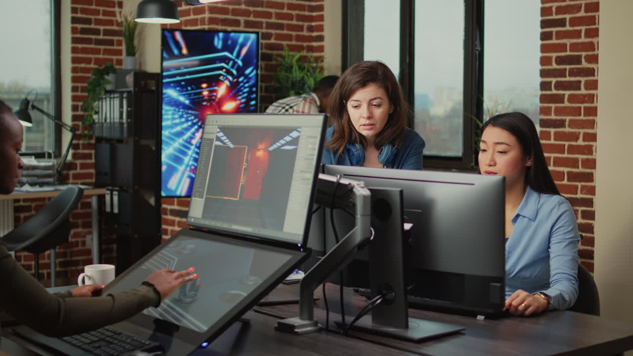 Creative people analyzing machine industry software on computer