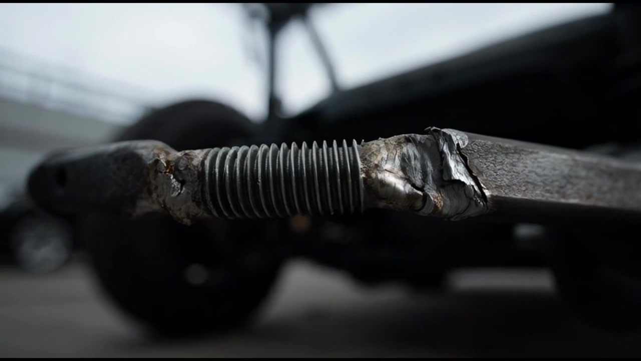 Gros plan d'une pièce de suspension métallique soudée sur un véhicule