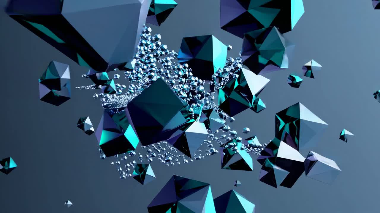 Dynamic video concept of floating teal geometric shapes in 3D space, captured from a low-angle