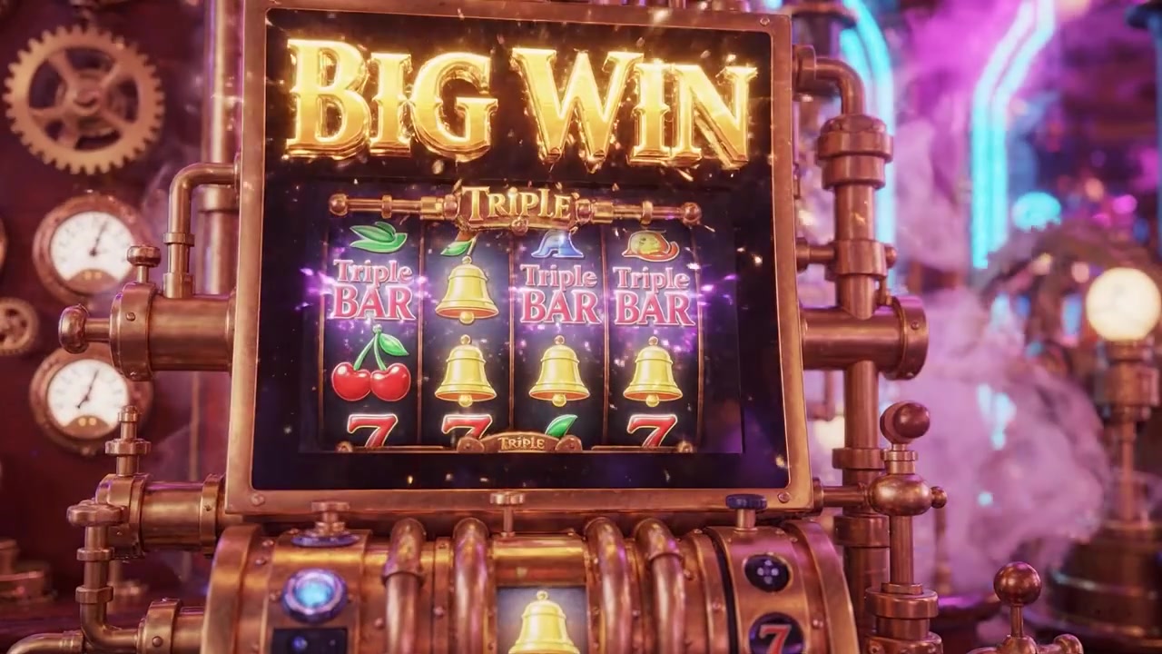 A captivating steampunk-themed slot machine experience showcasing intricate designs and bright neon lights, culminating in a grand moment of victory with a big win.