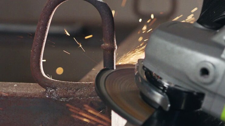 Slow motion of a metal grinder during work with sparks flying