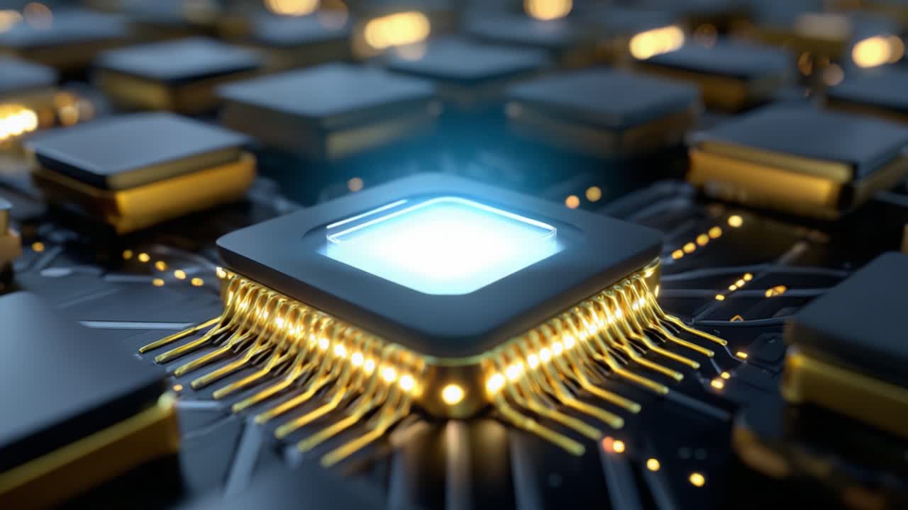 Close-Up Shots of Advanced Microprocessor Technology: Illuminated Circuits and Integrated Chips Showcasing Cutting-Edge Digital Computing Innovations and Electronics Design in Modern Technology
