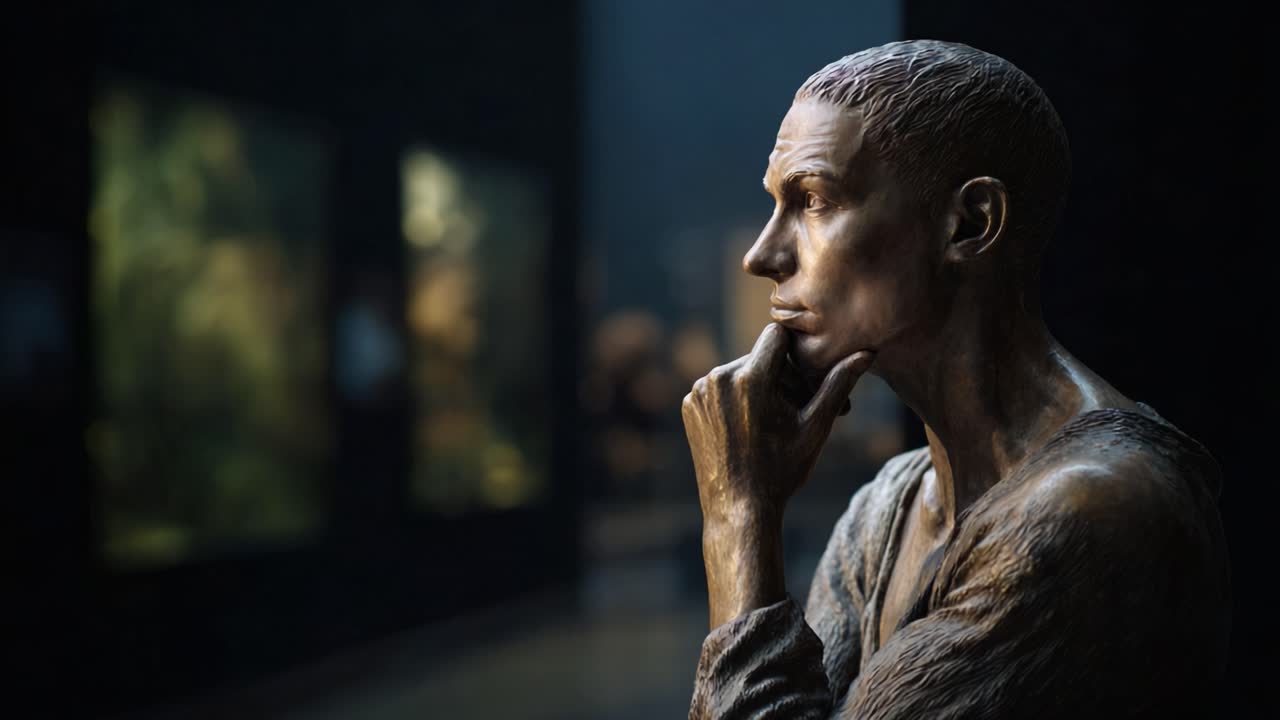 Thoughtful Bronze Sculpture in Gallery Setting Evokes Reflection on Art and Humanity, Capturing the Essence of Contemplation and Aesthetic Experience