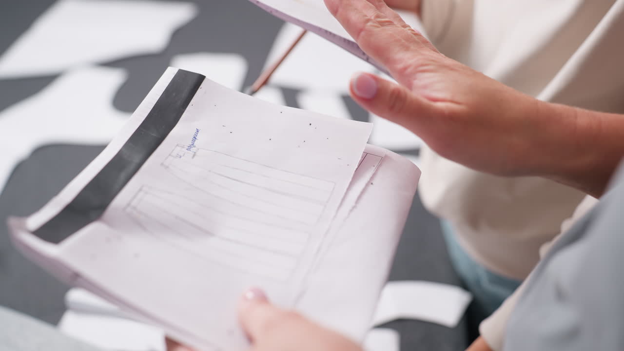 Closeup view of professional female stylist pointing through cloth pattern design in detailed manner during branding and creative planning session, with fabric samples on workspace indoors