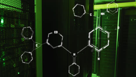 Animation-of-chemical-structures-floating-against-computer-server-room