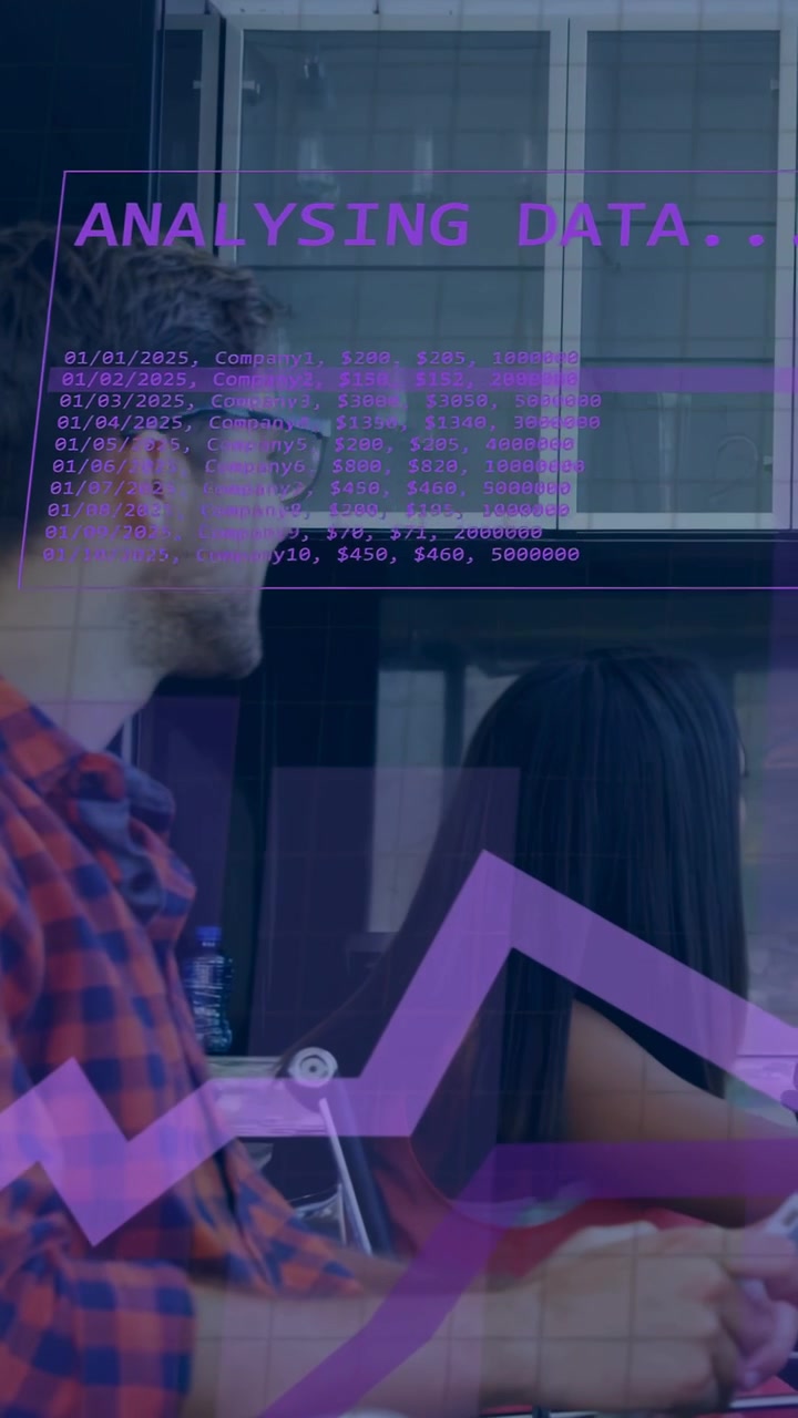 Vertikal video: Mann snur seg og lener seg under datagjennomgang, kvinne trykker på telefon og animerer lilla diagrammer