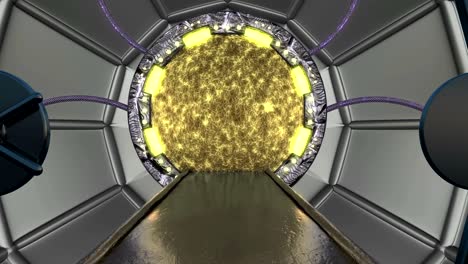 iron rusty hatch opens panoramic view to the spaceship landscape scene. 3d abstract background of sci-fi corridor with portal. futuristic technology abstract vj for tech titles and background.