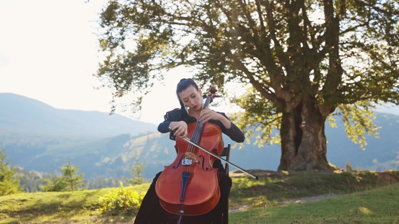 Sitting lady in black dress performs cello music. Musician playing instrument at the backdrop of old tree growing on the hill.